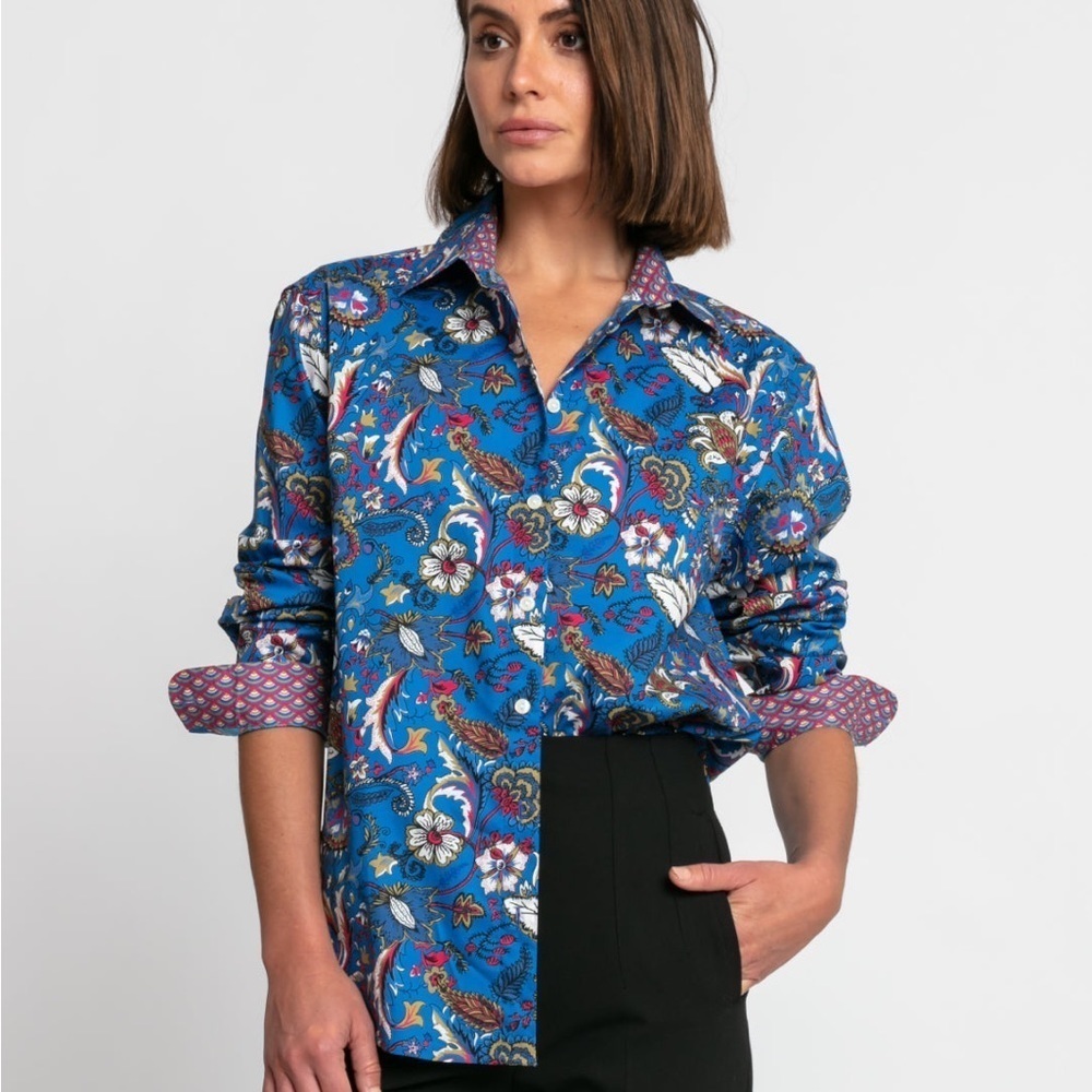 Hinson Wu Jacobean Floral Button Down Shirt Blue Multi-Color Long Sleeve | XS